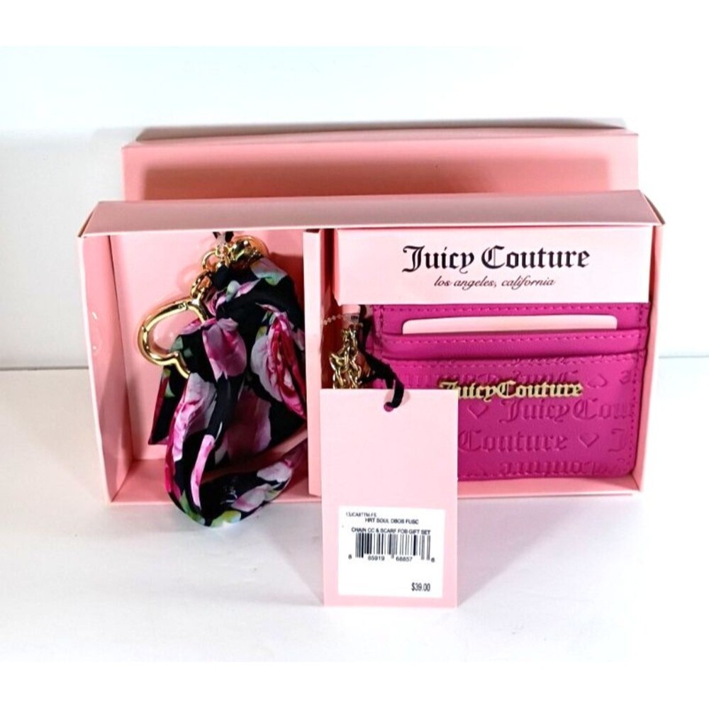 NWT Juicy Couture Hot Pink Card Wallet Key Chain & Scarf Gift Set Open Box - Picture 14 of 16